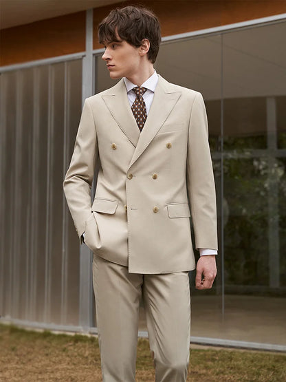 Eleganter Herrenanzug aus 30% Wolle: Zweireihiger Slim Fit in Beige-Khaki für Hochzeiten