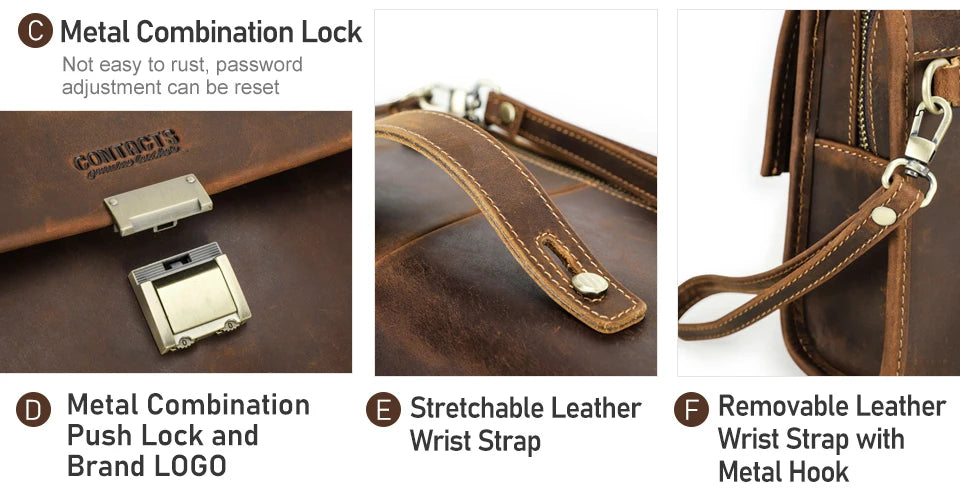 Braune Echtleder-Clutch mit Zahlenschloss, Metallhaken und Handgelenkschlaufe