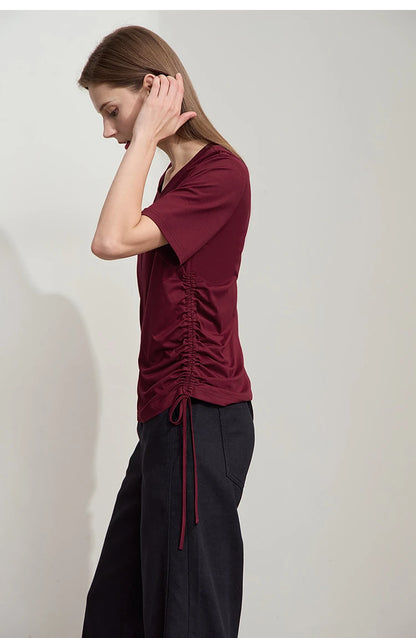 Damen T-Shirt mit solidem V-Ausschnitt und Kordelzug für den Sommer