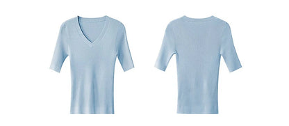 Damen V-Ausschnitt Pullover Viskose Halbarm Slim Büro Sommer