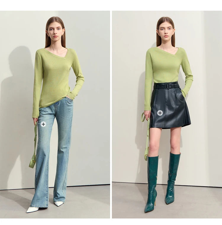 Damen-Pullover mit langem Ärmel und diagonaler V-Ausschnitt-Form in Hellgrün