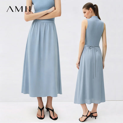 Maxirock Damen Dusty Blue, A-Linie, gefalteter Bund und leichter Fall