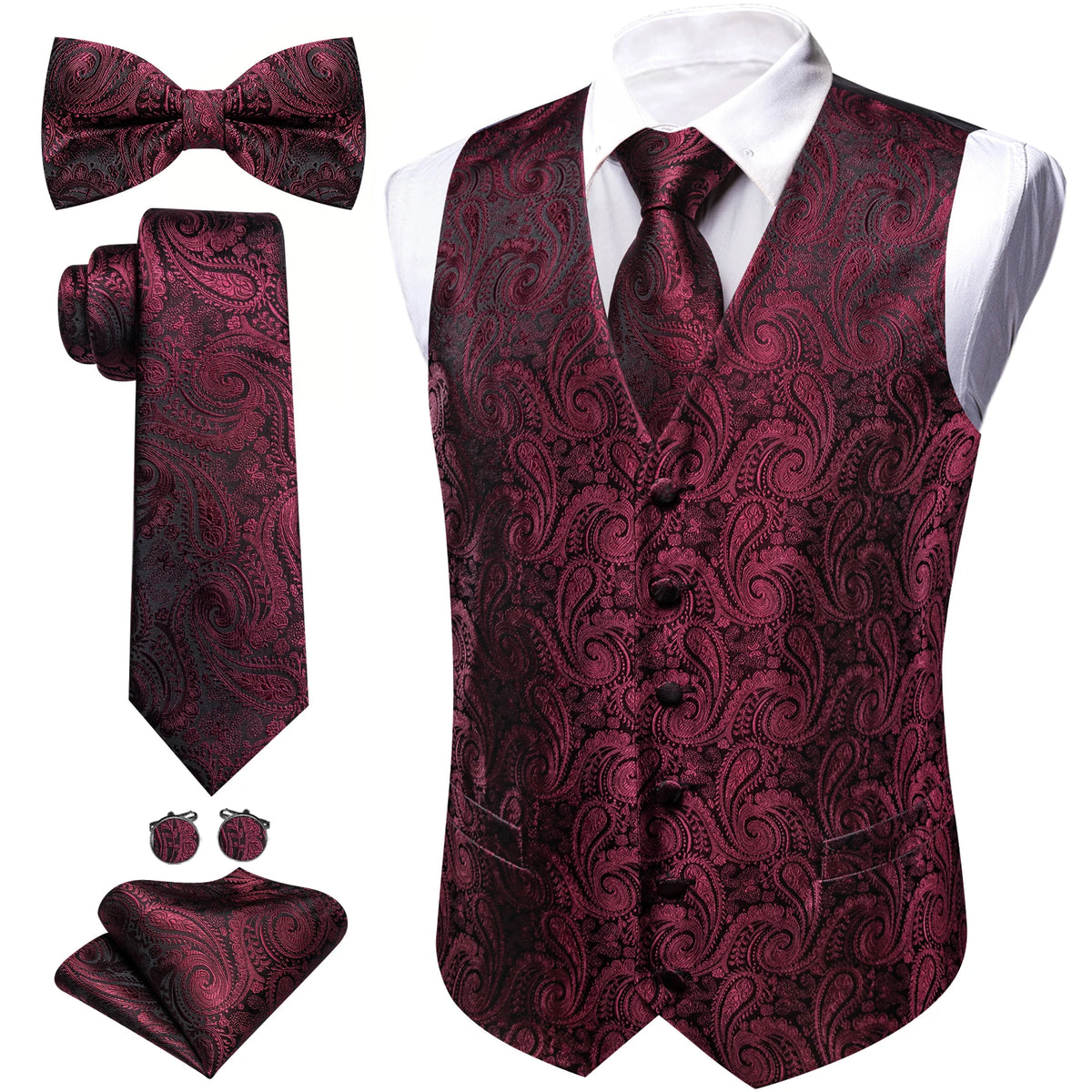 5-teiliges Business-Set: Anzugweste mit Paisley in Dunkelrot, dazu Krawatte, Fliege & Manschettenknöpfe.