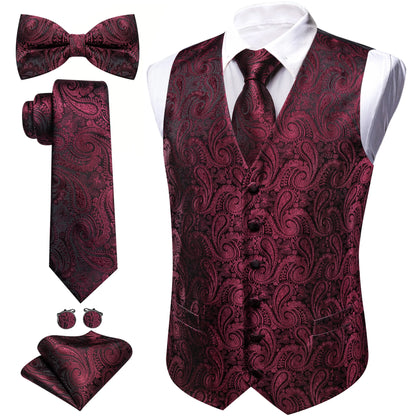 5-teiliges Business-Set: Anzugweste mit Paisley in Dunkelrot, dazu Krawatte, Fliege & Manschettenknöpfe.