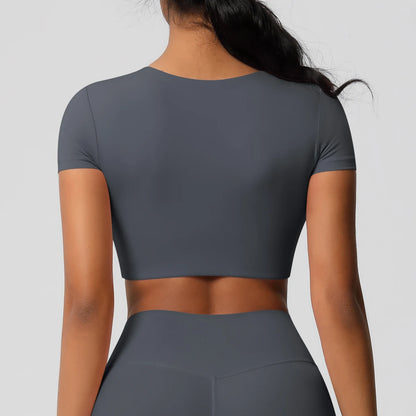 Workout-Top für Damen mit Brustpolstern, graphitgrau, kurzarm, offene Rückansicht