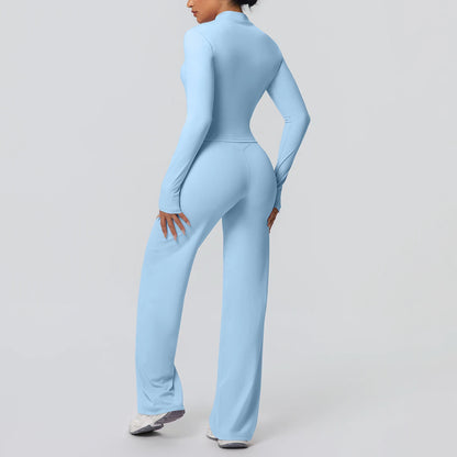 2-teiliges Yoga-Set in Hellblau seitlich: Zip-Top und lange, weit geschnittene Hose