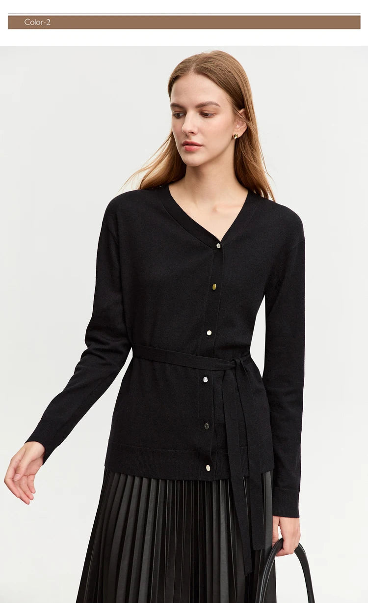 Damen-Strickjacke V-Ausschnitt chinesischer Stil Gürtel Langarm Herbst