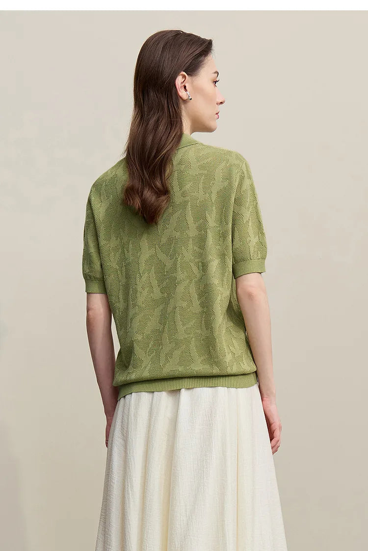Damen-Strickpullover mit Reverskragen, Jacquardmuster, kurzärmelig, grasgrün, Rückansicht