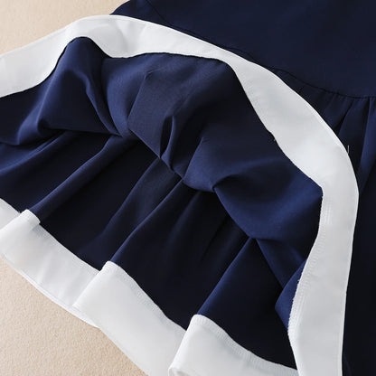 Marineblaues Mädchenkleid mit weißem Kragen und Schleife, kurzärmliges, plissiertes Kleid im Schulstil, Kinderkleidung für 5–12 Jahre