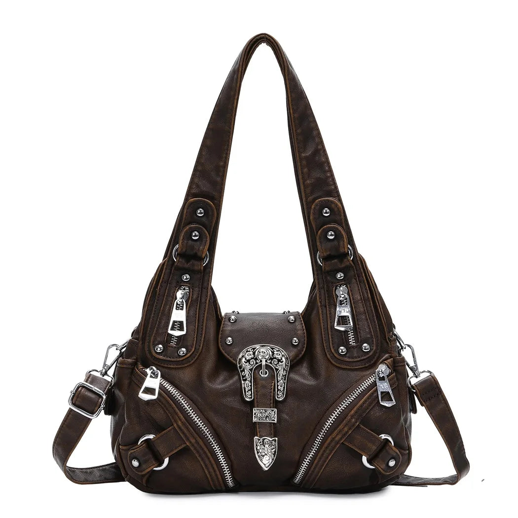 Braune Schultertasche mit verziertem Mittelanhänger, Reißverschlussfächern und Riemen
