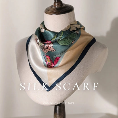 Damen Seidenschal 53cm quadratisch Blumenprint Luxus Halstuch Hijab Bandana