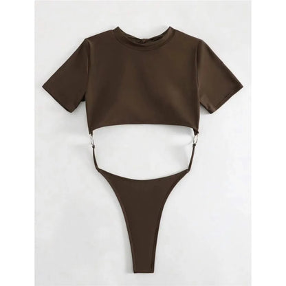 Damen Badeanzug Micro Tanga Cut-Out Monokini Kurzarm 9 Farben