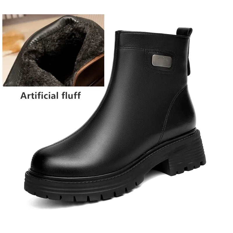 Schwarze Damen-Stiefelette aus Leder mit Fellfutter, dicke Profilsohle
