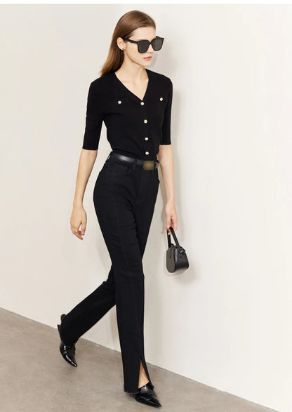 Damen-Strickjacke Baumwolle Slim Halbarm V-Ausschnitt Büro Frühling