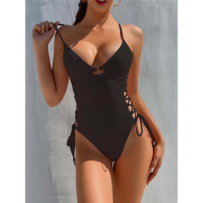 Damen Badeanzug Schnürung Bügel rückenfrei Monokini hoher Beinausschnitt B