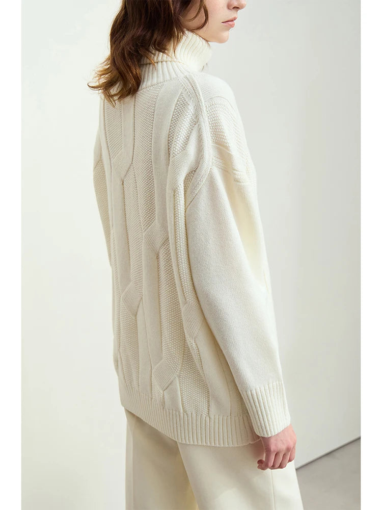 Damen-Rollkragenpullover locker Wolle-Mix lang Winter