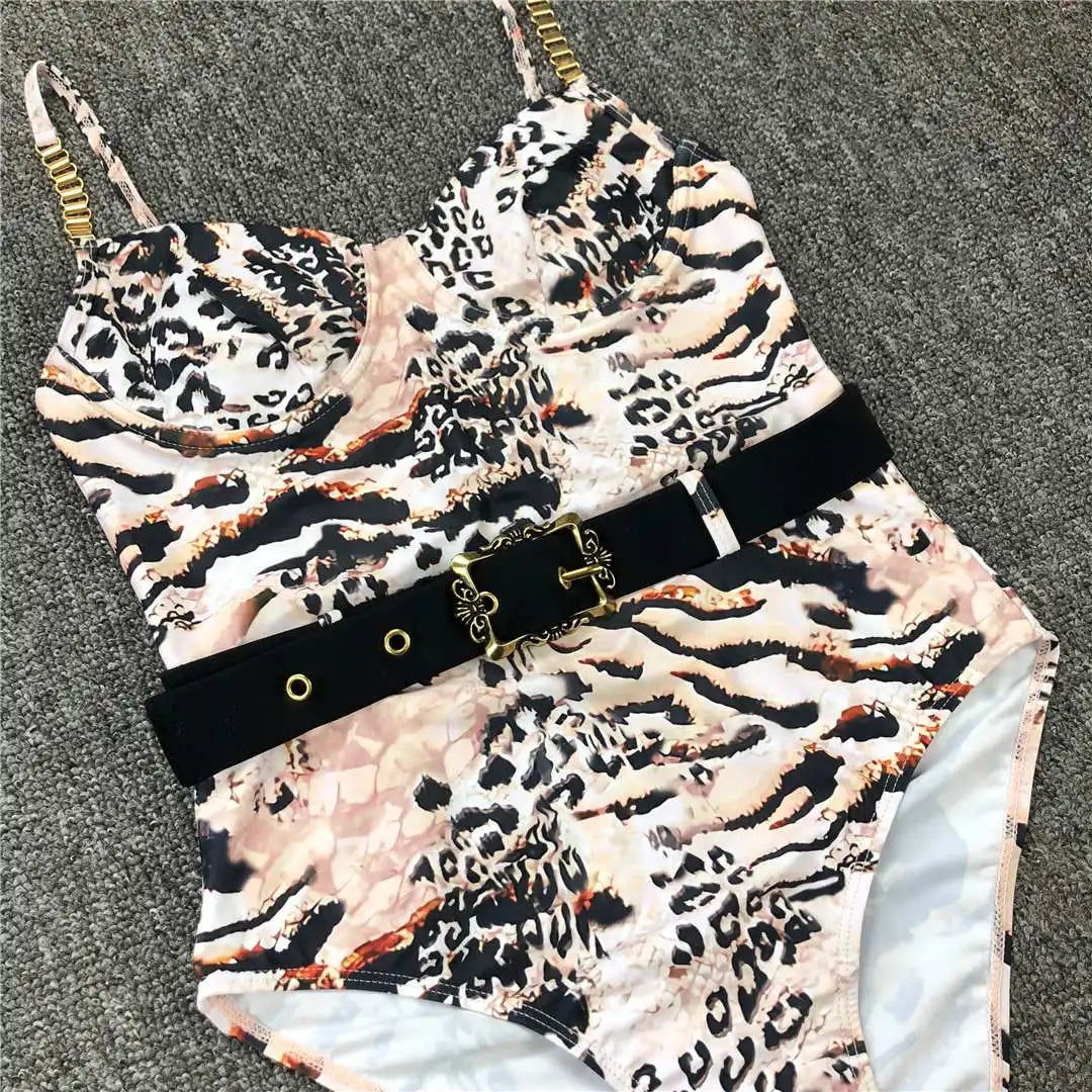 Damen-Badeanzug Rippe Gürtel High-Cut Bodysuit einteilig
