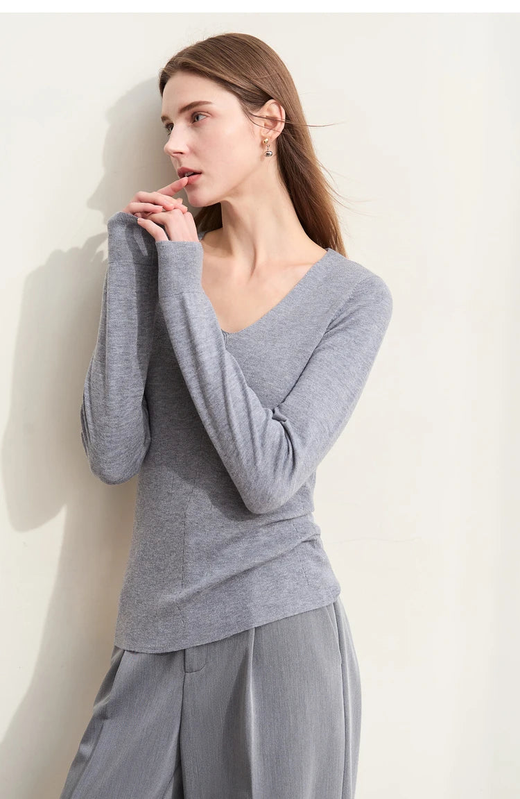 Damen V-Ausschnitt Pullover Wolle-Seide Slim Pendler Herbst