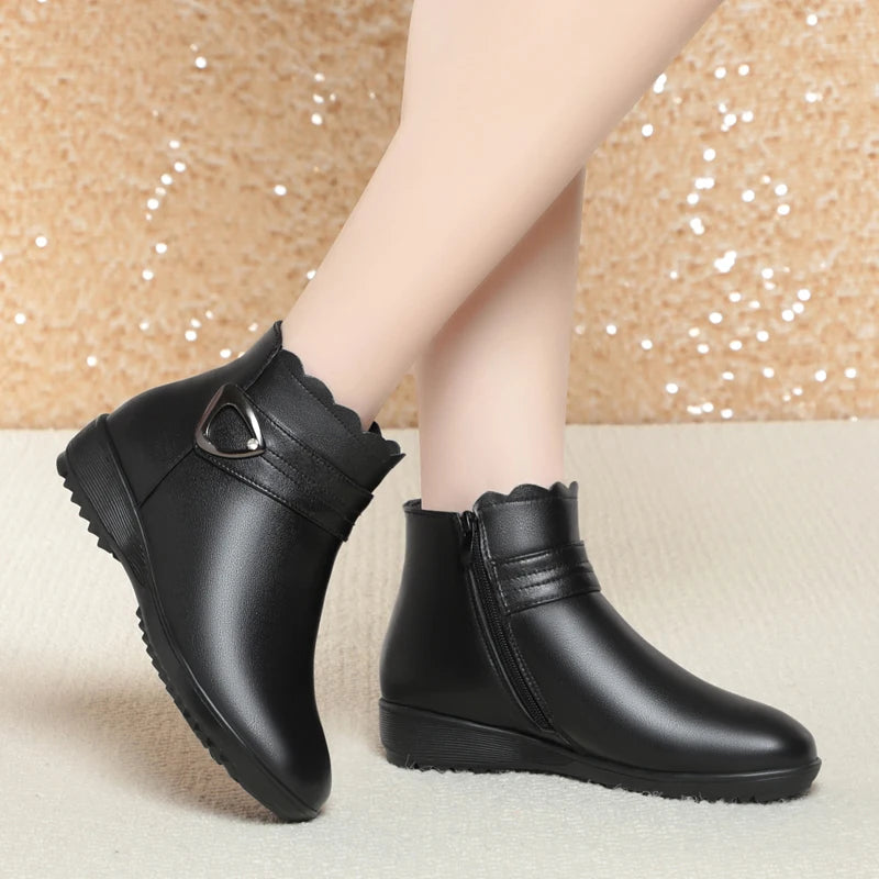 Damen Schneestiefel aus echtem Leder mit rutschfestem flachem Boden