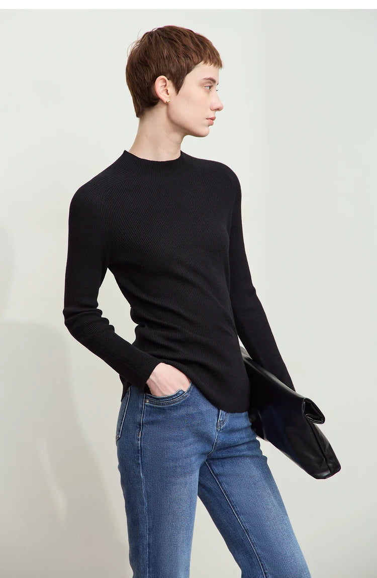 Damen-Halbrollkragen-Pullover Slim Raglan Wolle-Mix Herbst-Winter