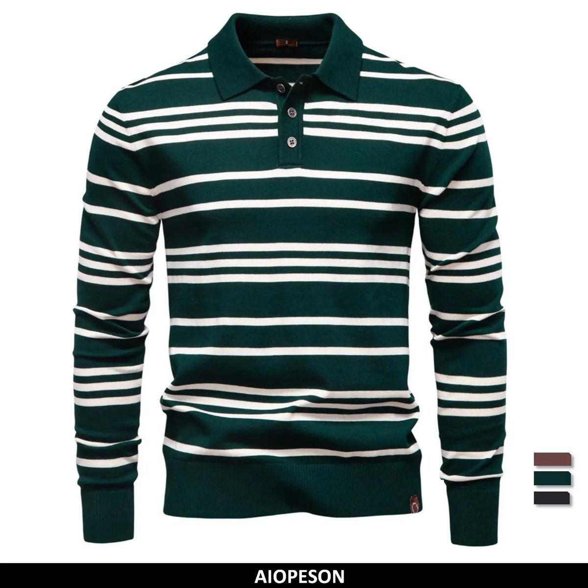 Langarm-Poloshirt für Herren, dunkelgrün mit weißen Horizontalstreifen und Knopfleiste