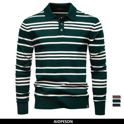 Langarm-Poloshirt für Herren, dunkelgrün mit weißen Horizontalstreifen und Knopfleiste