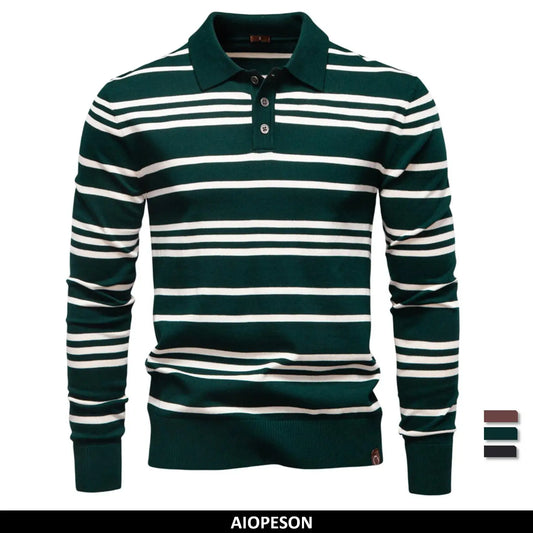 Langarm-Poloshirt für Herren, dunkelgrün mit weißen Horizontalstreifen und Knopfleiste