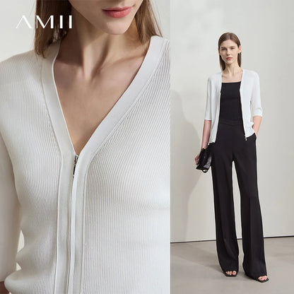 Damen V-Ausschnitt Strickjacke Slim Reißverschluss Viskose Herbst