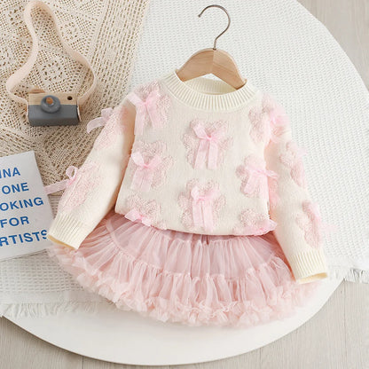 Mädchen Outfit Set mit süßem Bär Bogen Pullover und Mesh Rock