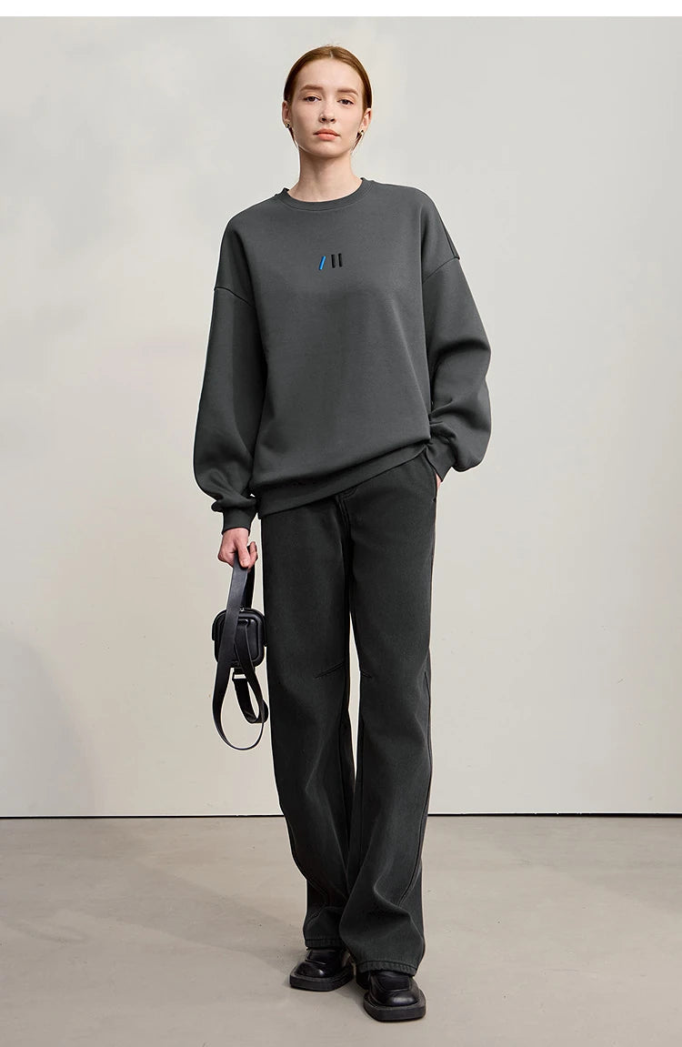 Damen-Rundhals-Sweatshirt Stickerei Kunstfell warm locker Winter