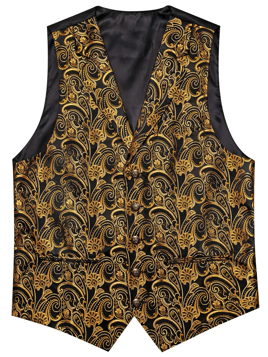 Herrenweste Jacquard mit gold-schwarzem Barockmuster, V-Ausschnitt, einreihig