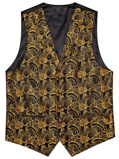 Herrenweste Jacquard mit gold-schwarzem Barockmuster, V-Ausschnitt, einreihig