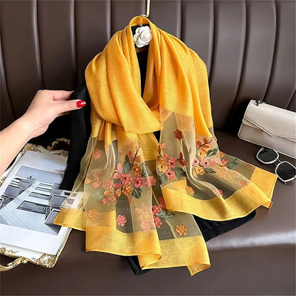 Damen Seiden-Woll Schal Blumenstickerei Hijab Frühling Sommer Pashmina Kopftuch