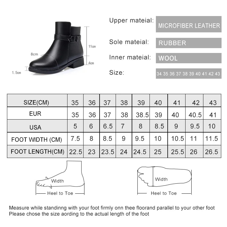 Schwarze Winterstiefelette mit Schnalle, Maße/Tabelle: Obermaterial Mikrofasermaterial und Wolle