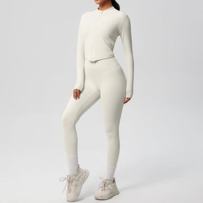 Zweiteiliger Damen-Yogaanzug, Slim Fit, langärmeliges Oberteil und Leggings in Hellivory