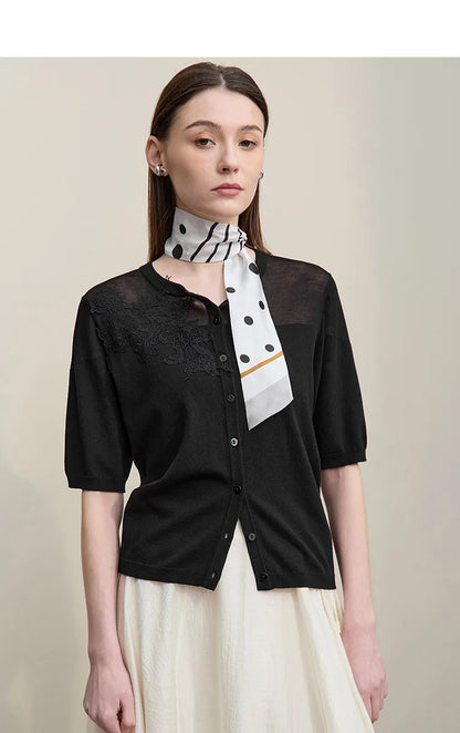 Damen-Strickjacke Viskose Spitzen-Patchwork Kurzarm offen Büro Sommer