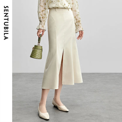 Damen Midi-Langrock aus Twill mit hoher Taille und Schlitz am Saum