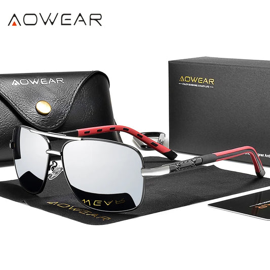 AOWEAR rechteckige Sonnenbrille mit verspiegelten silbernen Gläsern und schwarzem Rahmen
