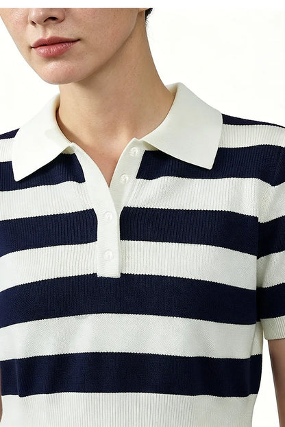 Amii gestreiftes Stricktop, Detail Polokragen und Knopfleiste, blau/weiß