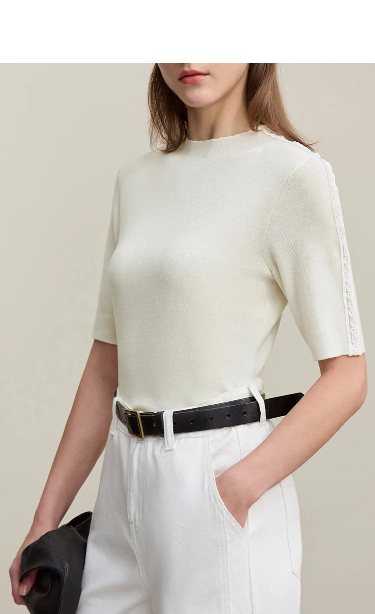 AMII Damenpullover mit kurzem Ärmel, off-white, Rundhalsausschnitt