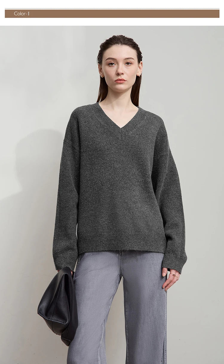 Damen V-Ausschnitt Pullover locker Raglan Wolle-Mix Herbst-Winter
