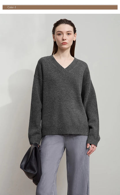 Damen V-Ausschnitt Pullover locker Raglan Wolle-Mix Herbst-Winter