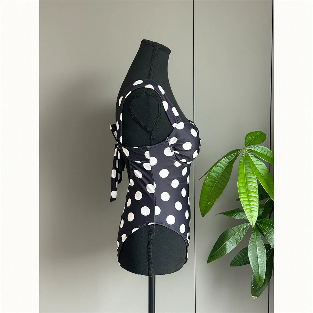 Damen-Badeanzug Polka Dots Bügel rückenfrei Monokini High-Leg