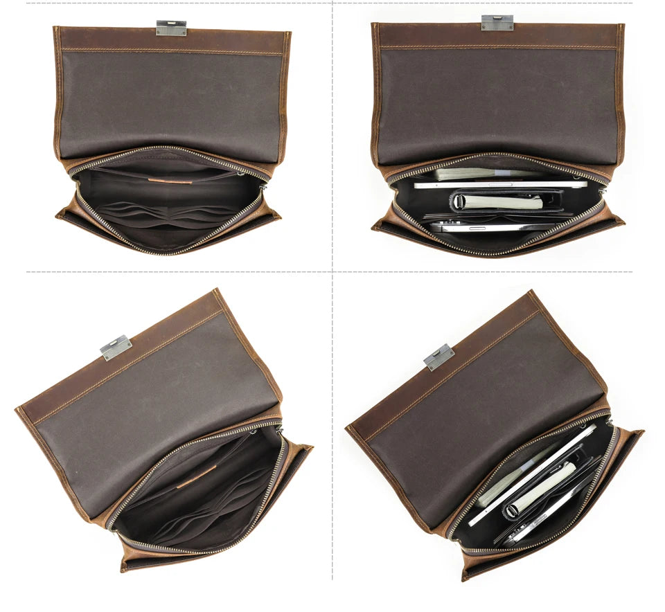 Braune Clutch geöffnet: Innenraum mit Fächern und Reißverschluss, braunes Leder außen