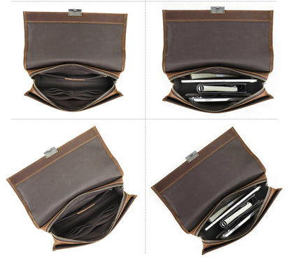 Braune Clutch geöffnet: Innenraum mit Fächern und Reißverschluss, braunes Leder außen