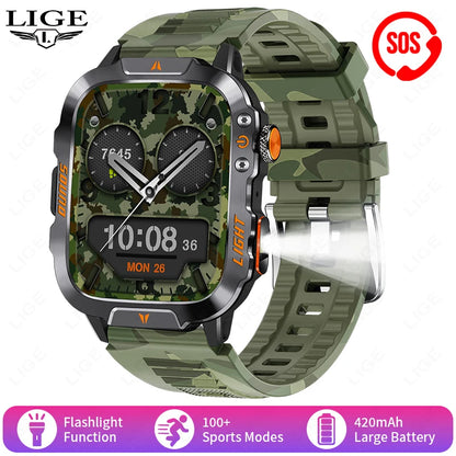LIGE Neue LED Taschenlampe Outdoor Smart Uhr 420 mAh Batterie Wasserdicht 100 + Sport Herzfrequenz Sprachanruf 1,96 "HD Smartwatch Männer