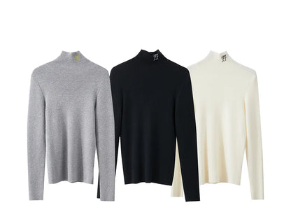 Damen-Rollkragenpullover Kaschmir-Wolle Slim Stickerei Winter