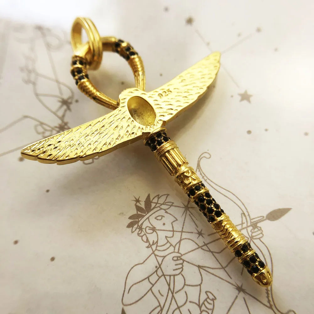 Damen-Charm-Anhänger Ankh Kreuz Skarabäus golden Vintage aus Sterlingsilber