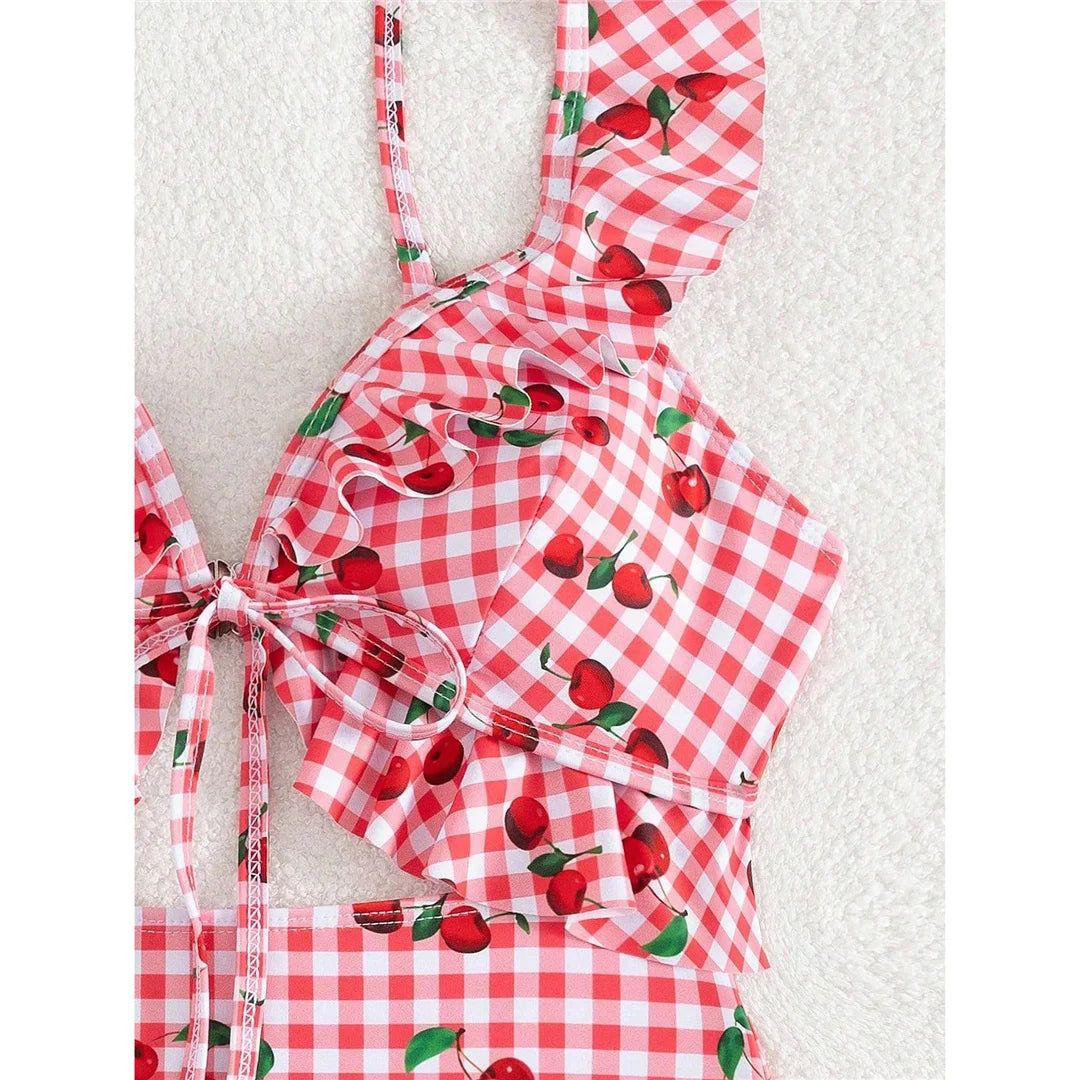 Damen Badeanzug Kirschen Karo Cut-Out Rüschen hoher Beinausschnitt Monokini