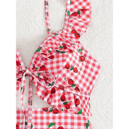 Damen Badeanzug Kirschen Karo Cut-Out Rüschen hoher Beinausschnitt Monokini